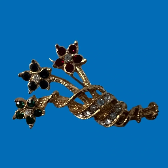 Vintage Roman Floral Rhinestone Brooch Pin silver plated with crystals. - Picture 2 of 5